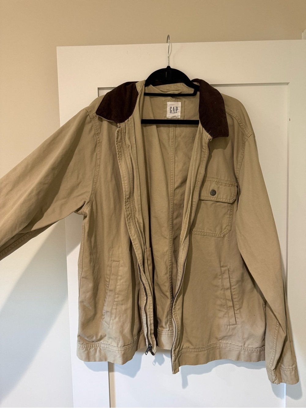 GAP Men's Khaki Barn Jacket with Brown Corduroy Collar